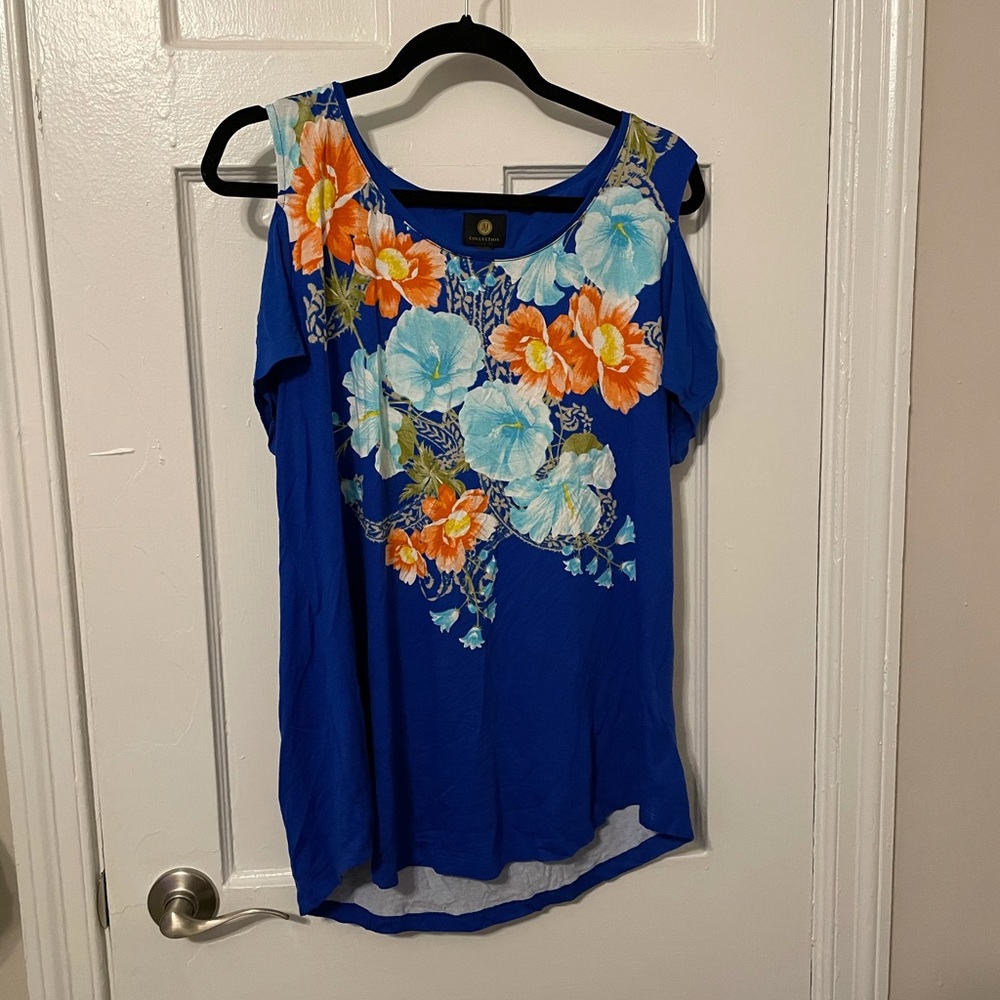 JM Collection Blue Floral Cold Shoulder Top